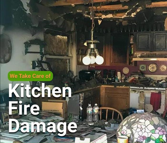 fire damaged kitchen with debris all over the floor